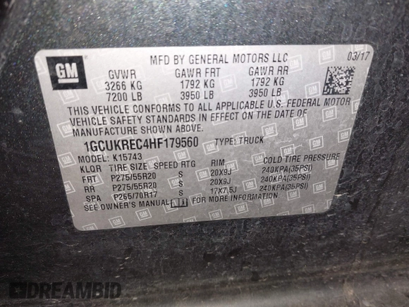 2017 Chevrolet Silverado 1500 LT with VIN 1GCUKREC4HF179560, listed as a IAAI auction lot 41460202 with 136,675 mi miles and . Bid and sale history available at DreamBid. Image 9.