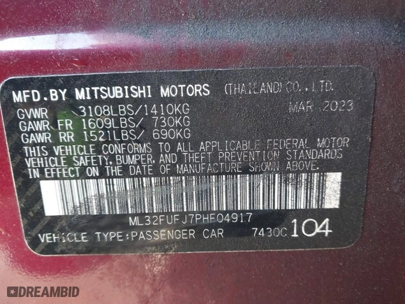 2023 Mitsubishi Mirage G4 ES with VIN ML32FUFJ7PHF04917, listed as a IAAI auction lot 41203864 with 23,262 mi miles. Bid and sale history available at carsss.com. Image 9.