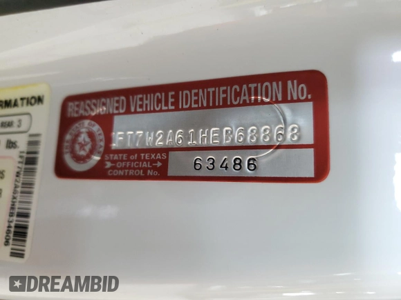 2017 Ford F-250 XL with VIN 1FT7W2A61HEB68868, listed as a Copart auction lot 55811175 with 180,279 mi miles and Clean title. Bid and sale history available at DreamBid. Image 12.