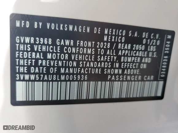 2020 Volkswagen Golf TSI with VIN 3VWW57AU8LM005936, listed as a Copart auction lot 46885635 with 39,815 mi miles and Salvage Title. Bid and sale history available at carsss.com. Image 13.