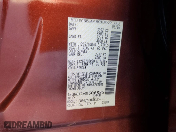 2016 Nissan Titan SL z VIN 1N6BA1F2XGN506885, wystawiony jako Copart lot #43457125 z przebiegiem 51 323 mil mil oraz Szkoda całkowita • Salvage title. Historia ofert i sprzedaży dostępna na DreamBid. Obrazek 12.