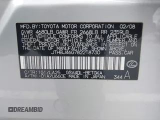 2008 Lexus ES 330 z VIN JTHBJ46G782218730, wystawiony jako IAAI lot #42050613 z przebiegiem 125 938 mil mil oraz . Historia ofert i sprzedaży dostępna na DreamBid. Obrazek 9.