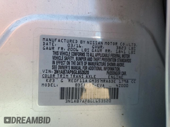 2016 Nissan Sentra SV with VIN 3N1AB7AP8GL653520, listed as a Copart auction lot 50276965 with 117,899 mi miles and Salvage Title. Bid and sale history available at DreamBid. Image 13.