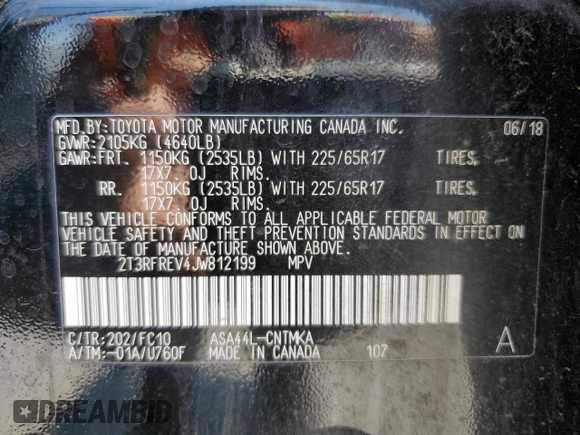 2018 Toyota RAV4 XLE z VIN 2T3RFREV4JW812199, wystawiony jako Copart lot #58485725 z przebiegiem 96 576 mil mil oraz Szkoda całkowita • Salvage title. Historia ofert i sprzedaży dostępna na DreamBid. Obrazek 13.