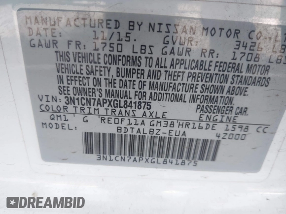 2016 Nissan Versa S Plus with VIN 3N1CN7APXGL841875, listed as a IAAI auction lot 42101544 with 88,515 mi miles. Bid and sale history available at carsss.com. Image 9.