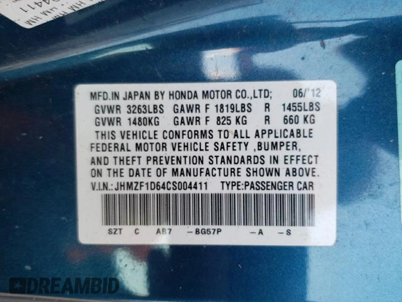 2012 Honda CR-Z EX z VIN JHMZF1D64CS004411, wystawiony jako Copart lot #59274565 z przebiegiem 99 753 mil mil oraz Szkoda całkowita • Salvage title. Historia ofert i sprzedaży dostępna na DreamBid. Obrazek 12.