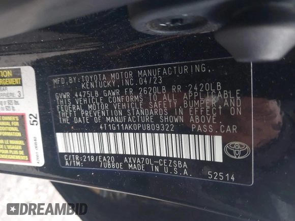 2023 Toyota Camry SE z VIN 4T1G11AK0PU809322, wystawiony jako IAAI lot #41056512 z przebiegiem 33 159 mil mil oraz . Historia ofert i sprzedaży dostępna na DreamBid. Obrazek 9.