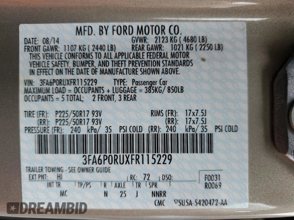 2015 Ford Fusion Titanium Hybrid with VIN 3FA6P0RUXFR115229, listed as a Copart auction lot 54629355 with 76,671 mi miles and Salvage title. Bid and sale history available at DreamBid. Image 12.