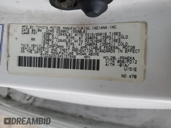 2004 Toyota Sienna CE with VIN 5TDZA23C34S157840, listed as a Copart auction lot 53587455 with 168,925 mi miles and Salvage Title. Bid and sale history available at carsss.com. Image 15.
