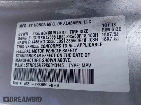 2019 Honda Odyssey EX-L with VIN 5FNRL6H79KB043145, listed as a IAAI auction lot 41569198 with 94,560 mi miles. Bid and sale history available at carsss.com. Image 9.