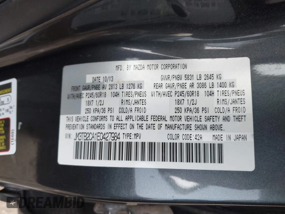 2014 Mazda CX-9 Touring with VIN JM3TB2CA1E0427984, listed as a IAAI auction lot 41620770 with 88,305 mi miles and . Bid and sale history available at DreamBid. Image 9.