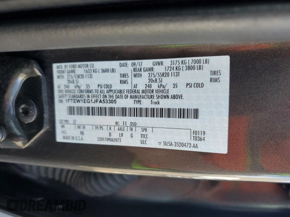 2018 Ford F-150 XL with VIN 1FTEW1EG1JFA53305, listed as a Copart auction lot 55466995 with 213,217 mi miles and Clean Title. Bid and sale history available at carsss.com. Image 12.