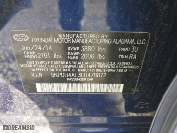 2014 Hyundai Elantra Limited with VIN 5NPDH4AE3EH478872, listed as a IAAI auction lot 41654207 with 1 mi miles. Bid and sale history available at carsss.com. Image 9.