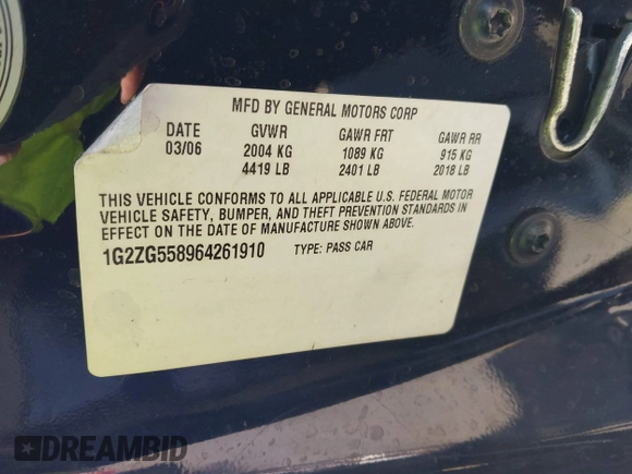 2006 Pontiac G6 6-Cyl with VIN 1G2ZG558964261910, listed as a IAAI auction lot 42028627 with 149,703 mi miles. Bid and sale history available at carsss.com. Image 9.