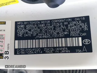 2018 Toyota C-HR XLE z VIN JTNKHMBX5J1007391, wystawiony jako IAAI lot #42432809 z przebiegiem 139 356 mil mil oraz . Historia ofert i sprzedaży dostępna na DreamBid. Obrazek 9.