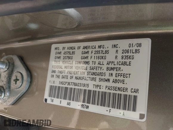 2008 Honda Accord EX with VIN 1HGCP36778A031915, listed as a IAAI auction lot 42007462 with 198,301 mi miles and . Bid and sale history available at DreamBid. Image 9.