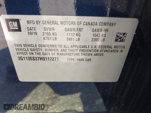 2017 Chevrolet Impala LT with VIN 2G1105S37H9117271, listed as a IAAI auction lot 40075008 with 156,972 mi miles and . Bid and sale history available at DreamBid. Image 9.