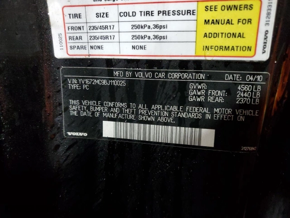 2011 Volvo C70 with VIN YV1672MC9BJ110025, listed as a Copart auction lot 43259725 with NaN miles and Salvage Title. Bid and sale history available at carsss.com. Image 12.