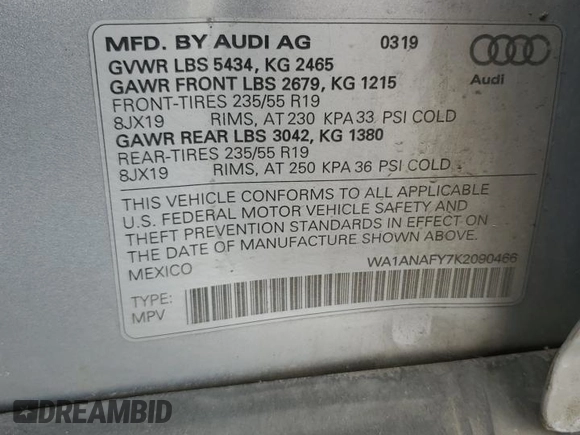 2019 Audi Q5 Premium z VIN WA1ANAFY7K2090466, wystawiony jako Copart lot #55794835 z przebiegiem 42 612 mil mil oraz Szkoda całkowita • Salvage title. Historia ofert i sprzedaży dostępna na DreamBid. Obrazek 13.