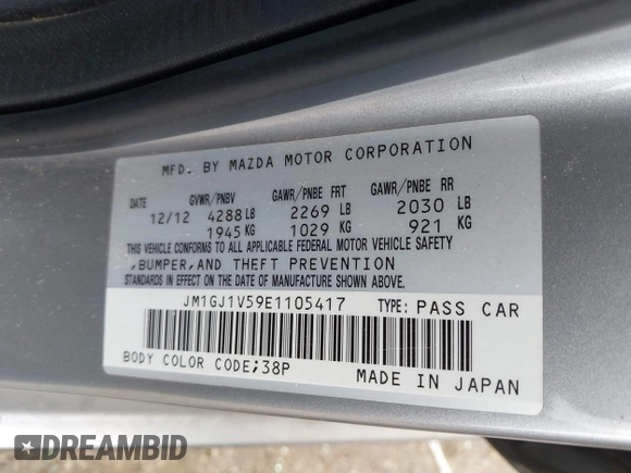 2014 Mazda Mazda6 i Touring with VIN JM1GJ1V59E1105417, listed as a IAAI auction lot 41963071 with 167,985 mi miles. Bid and sale history available at carsss.com. Image 9.