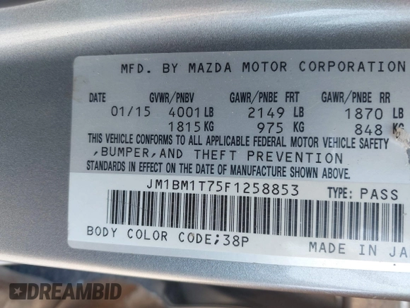 2015 Mazda 3 i SV with VIN JM1BM1T75F1258853, listed as a IAAI auction lot 41279651 with 36,437 mi miles. Bid and sale history available at carsss.com. Image 9.
