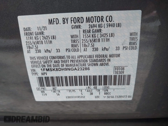 2022 Ford Explorer XLT with VIN 1FMSK8DH9NGA23286, listed as a IAAI auction lot 41769916 with 51,644 mi miles. Bid and sale history available at carsss.com. Image 9.