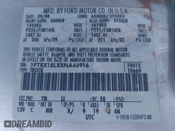 1999 Ford F-150 XL with VIN 1FTRX18LXXNA44916, listed as a IAAI auction lot 41322276 with 1 mi miles. Bid and sale history available at carsss.com. Image 9.