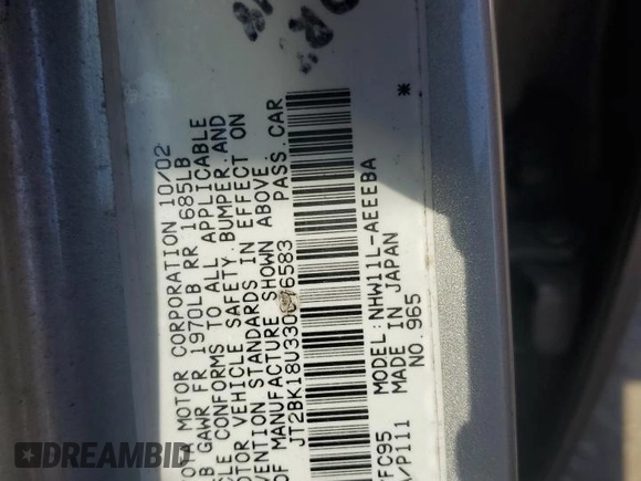 2003 Toyota Prius with VIN JT2BK18U330076583, listed as a Copart auction lot 73203784 with 92,036 mi miles and Salvage Title. Bid and sale history available at carsss.com. Image 13.