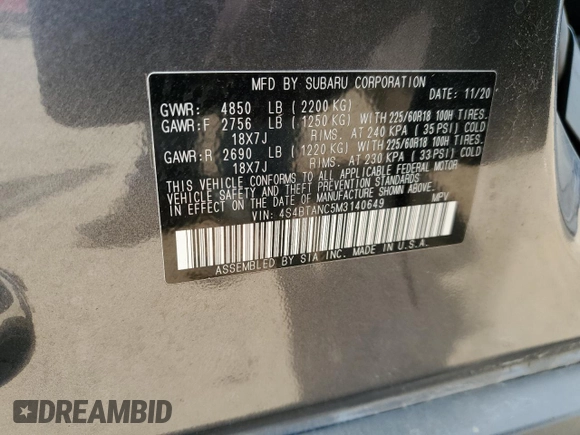 2021 Subaru Outback Limited with VIN 4S4BTANC5M3140649, listed as a Copart auction lot 59720735 with 65,881 mi miles and Salvage title. Bid and sale history available at DreamBid. Image 12.