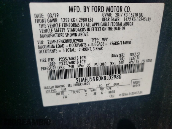 2019 Lincoln MKT with VIN 2LMHJ5NK0KBL02980, listed as a Copart auction lot 53423215 with 191,835 mi miles and Salvage Title. Bid and sale history available at DreamBid. Image 13.