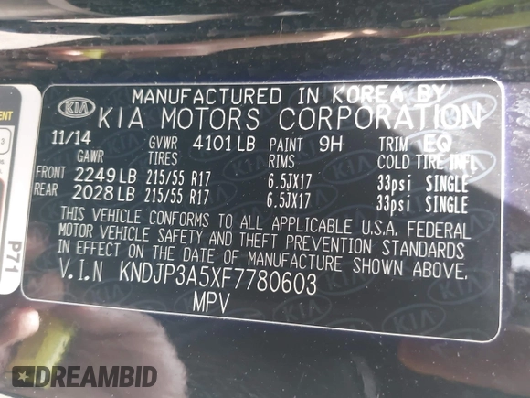 2015 Kia Soul + with VIN KNDJP3A5XF7780603, listed as a IAAI auction lot 42164373 with 148,297 mi miles and . Bid and sale history available at DreamBid. Image 9.