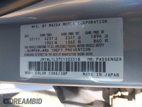2012 Mazda 3 Mazdaspeed3 Touring with VIN JM1BL1L37C1503518, listed as a IAAI auction lot 41894666 with 147,041 mi miles and . Bid and sale history available at DreamBid. Image 9.