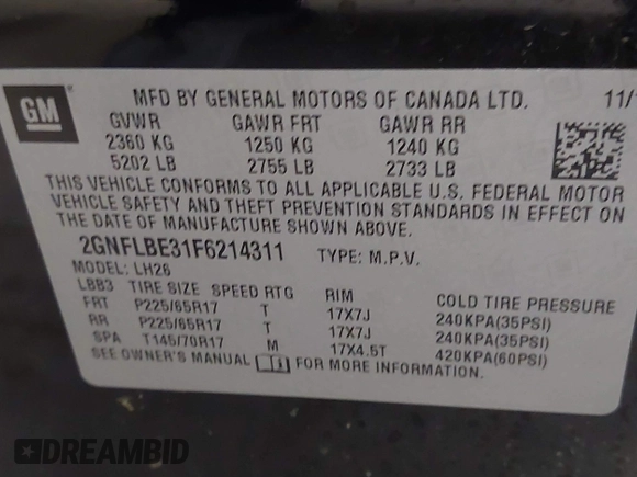 2015 Chevrolet Equinox LT with VIN 2GNFLBE31F6214311, listed as a IAAI auction lot 40405241 with 121,504 mi miles and . Bid and sale history available at carsss.com. Image 9.