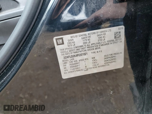 2015 Chevrolet Equinox LT with VIN 2GNFLGEK4F6301821, listed as a Copart auction lot 51932215 with 128,363 mi miles and Clean Title. Bid and sale history available at carsss.com. Image 12.