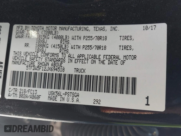 2018 Toyota Tundra SR5 z VIN 5TFDW5F12JX694518, wystawiony jako IAAI lot #41663831 z przebiegiem 183 220 mil mil oraz . Historia ofert i sprzedaży dostępna na DreamBid. Obrazek 9.