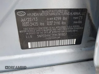 2013 Hyundai Sonata GLS z VIN 5NPEB4AC2DH781807, wystawiony jako IAAI lot #41958385 z przebiegiem 177 531 mil mil oraz . Historia ofert i sprzedaży dostępna na DreamBid. Obrazek 9.