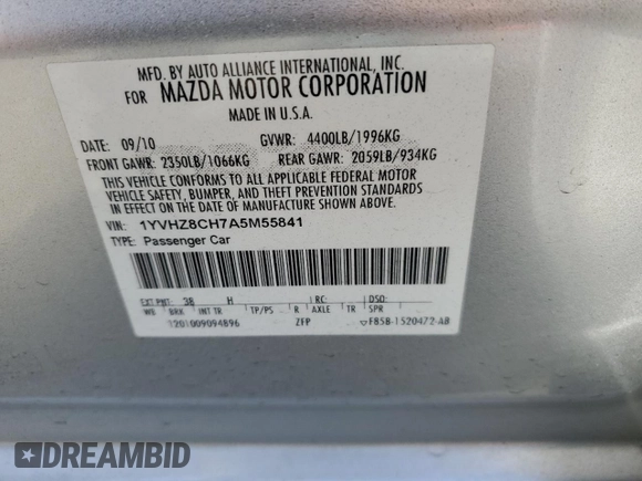 2010 Mazda 6 i Touring Plus with VIN 1YVHZ8CH7A5M55841, listed as a Copart auction lot 51207025 with 178,314 mi miles and Salvage title. Bid and sale history available at DreamBid. Image 12.
