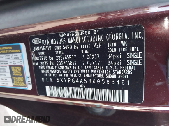 2019 Kia Sorento LX z VIN 5XYPG4A58KG565461, wystawiony jako IAAI lot #42099618 z przebiegiem 42 574 mil mil oraz . Historia ofert i sprzedaży dostępna na DreamBid. Obrazek 9.