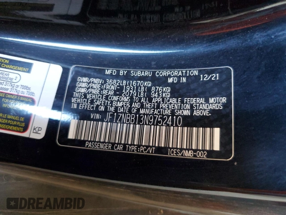 2022 Toyota 86 with VIN JF1ZNBB13N9752410, listed as a Copart auction lot 44781405 with 38,546 mi miles and Clean Title. Bid and sale history available at DreamBid. Image 12.