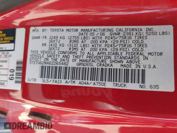 2006 Toyota Tacoma PreRunner z VIN 5TETU62NX6Z265482, wystawiony jako IAAI lot #41931729 z przebiegiem 255 000 mil mil oraz . Historia ofert i sprzedaży dostępna na DreamBid. Obrazek 9.