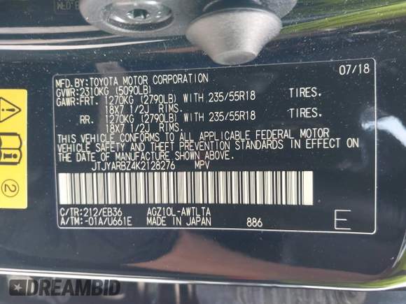 2019 Lexus NX 300 z VIN JTJYARBZ4K2128276, wystawiony jako IAAI lot #41455555 z przebiegiem 79 357 mil mil oraz . Historia ofert i sprzedaży dostępna na DreamBid. Obrazek 9.