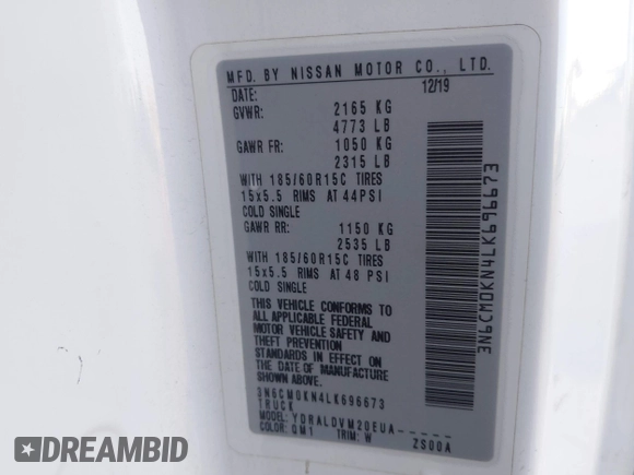 2020 Nissan NV200 S with VIN 3N6CM0KN4LK696673, listed as a IAAI auction lot 41047423 with 120,237 mi miles and . Bid and sale history available at DreamBid. Image 9.