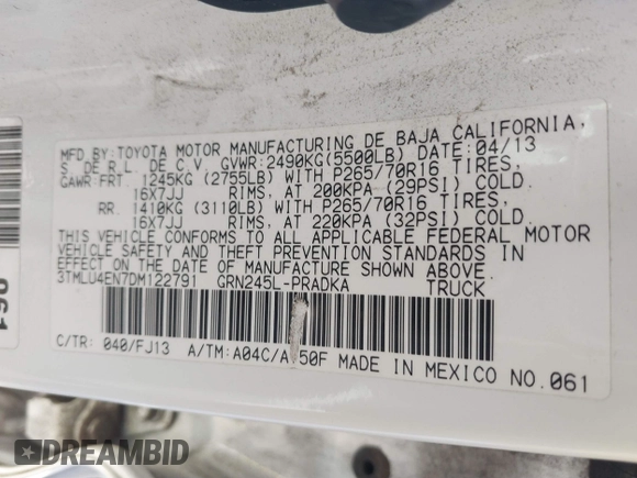 2013 Toyota Tacoma with VIN 3TMLU4EN7DM122791, listed as a IAAI auction lot 41484858 with 236,795 mi miles and . Bid and sale history available at DreamBid. Image 9.