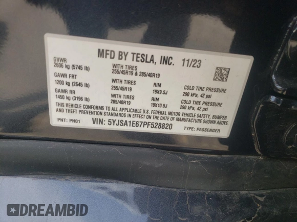 2023 Tesla Model S Plaid с VIN 5YJSA1E67PF528820, выставлен на аукционе Copart как лот 83111464 с пробегом 17 858 миль миль и Списание • Salvage title. История ставок и продаж доступна на DreamBid. Изображение 12.