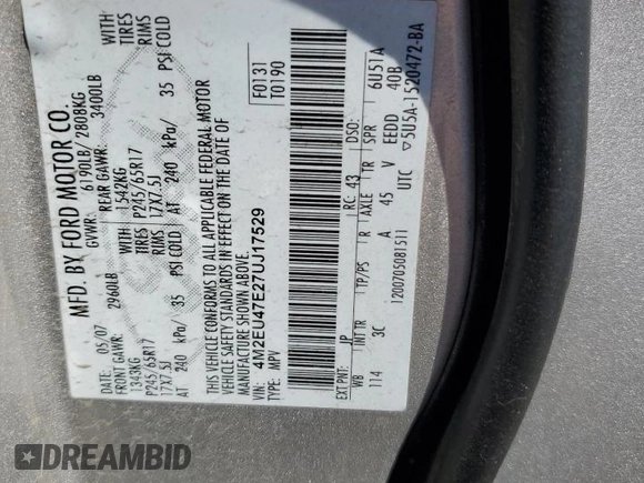 2007 Mercury Mountaineer with VIN 4M2EU47E27UJ17529, listed as a Copart auction lot 73377144 with 182,423 mi miles and Salvage title. Bid and sale history available at DreamBid. Image 15.