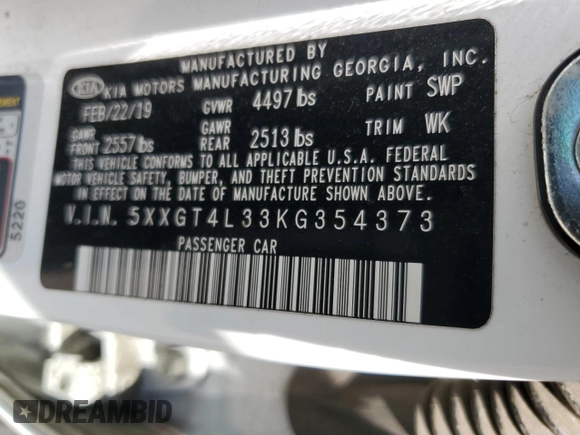 2019 Kia Optima LX with VIN 5XXGT4L33KG354373, listed as a Copart auction lot 47323175 with 130,137 mi miles and Salvage Title. Bid and sale history available at carsss.com. Image 14.