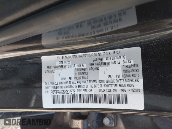 2022 Mazda 3 2.0 with VIN 3MZBPAA72NM307578, listed as a IAAI auction lot 41929168 with 67,326 mi miles and . Bid and sale history available at DreamBid. Image 9.