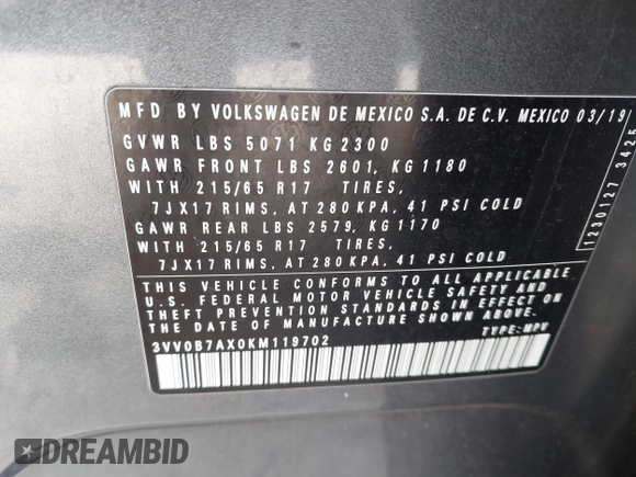 2019 Volkswagen Tiguan S with VIN 3VV0B7AX0KM119702, listed as a IAAI auction lot 42069676 with 69,637 mi miles and . Bid and sale history available at DreamBid. Image 9.