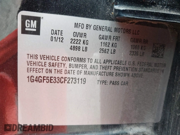 2012 Buick LaCrosse Premium 2 z VIN 1G4GF5E33CF273119, wystawiony jako IAAI lot #42255811 z przebiegiem 72 119 mil mil oraz . Historia ofert i sprzedaży dostępna na DreamBid. Obrazek 9.