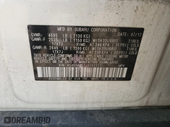 2018 Subaru Outback Premium with VIN 4S4BSAHC1J3203322, listed as a Copart auction lot 57755315 with 90,610 mi miles and Salvage title. Bid and sale history available at DreamBid. Image 12.